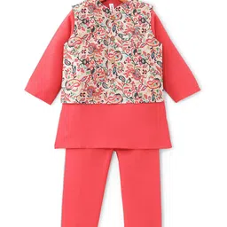 Babyhug 100% Cotton Knit Full Sleeves Kurta Pyjama Set with Printed Jacket - Peach image 2