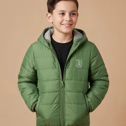 Pine Kids Woven Full Sleeves Solid Hooded Reversible Jacket - Green image 2