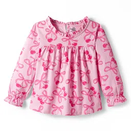 Doodle Poodle 100% Cotton Knit Bow Printed Full Sleeves Top & Leggings Set - Pink image 2