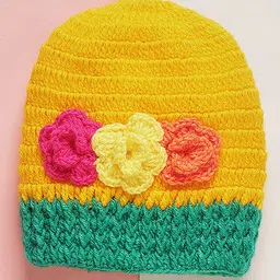 MayRa Knits Hand Knitted Woven Pack Of 2 Animal & Floral Designed Caps - Beige & Orange - Circumference - 25 Cms image 4