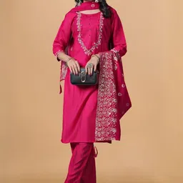 Moda Rapido Ethnic Motifs Embroidered Zari Straight Kurta With Trousers & Dupatta image 4