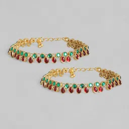 I Jewels Set of 2 Gold-Plated Marron & Green Kundan-Studded & Beaded Anklets-picture-20