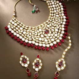 Peora Gold-Plated Kundan Work Maroon Choker Necklace Earring Maangtikka Jewellery Set-picture-34