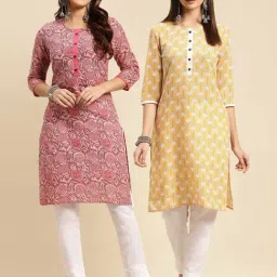 Rangita Yellow & Pink Floral Print Straight Kurti - Pack of 2-image-94