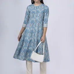 Saffron Threads Blue Cotton Printed A-Line Kurta image 4