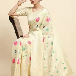 JUST FASHION Cream Linen Woven Saree With Unstitched Blouse image 3