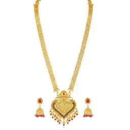 Peora Gold Plated Pink & Green Synthetic Stone Long Necklace & Earrings Set image 4