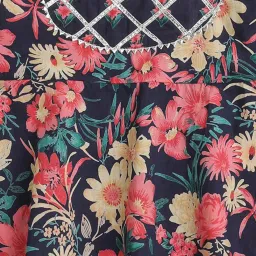 The Magic Wand Kids Navy & Pink Cotton Floral Print Full Sleeves Kurta Set image 4