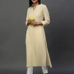 Aurelia Yellow & White Striped Straight Kurta image 4