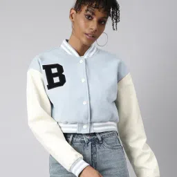 SHOWOFF Blue Graphic Print Crop Jacket-image-1