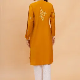 House of Kari Saba Chikankari Mustard Long Kurta In Muslin image 4