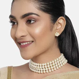 Peora Gold-Plated Peach Beads Necklace White Choker with Drop & Stud Earrings Set image 4