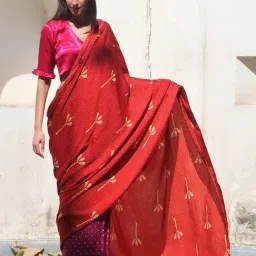 Chidiyaa Red & Purple Block Printed Modal Silk Saree-picture-45