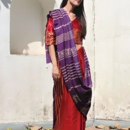 Chidiyaa Purple & Red Block Printed Modal Silk Saree-picture-43
