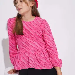 VERO MODA GIRL Kids Azalea Pink Printed Full Sleeves Peplum Top-picture-8