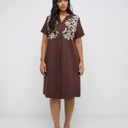 Gia by Westside Dark Brown Embroidered Cotton A-Line Dress image 4