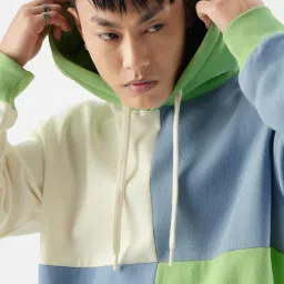 The Souled Store White Loose Fit Colour Block Hooded Sweatshirt image 4