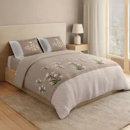 Spaces Cotton Beige Floral 180 TC Double Size Bedsheet with 2 Pillow Covers image 2