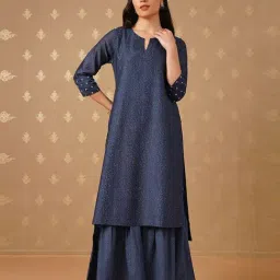 Jaypore Indigo Blue Printed Straight Fit Kurta image 4
