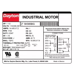 Dayton Single Phase 1-1/2 HP Rigid Base Mount B Class General Purpose Motor, 5K565 image 3