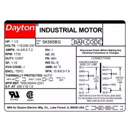 Dayton Single Phase 1-1/2 HP Rigid Base Mount B Class General Purpose Motor, 5K565 image 4