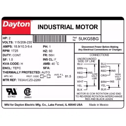 Dayton Single Phase 2 HP Rigid Base Mount F Class General Purpose Motor, 5UKG5 image 3