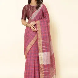 Fabindia Pink Woven Saree Without Blouse-picture-10