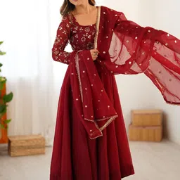 SWEETPEL Women Embroidered Sequinned Georgette Anarkali Kurta with Palazzos & Dupatta image 4
