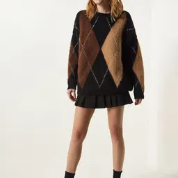 Happiness istanbul Women Siyah Kahverengi Argyle Pullover Sweaters-picture-12