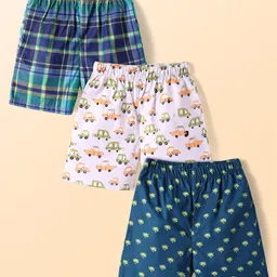 Babyhug Cotton Poplin Woven Boxers with Vehicle & Tropical Theme Print Pack of 3 - Navy Blue & White-picture-25
