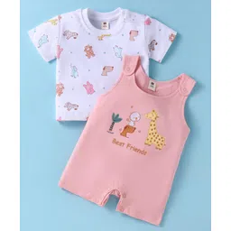 ToffyHouse Knitted Half Sleeves T-Shirt & Dungaree Style Romper with Jungle Theme Print & Embroidery - Peach & White-picture-13