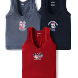 Cucumber Sinker Knit Sleeveless Set of Vests Pack of 3 with Animal Print - Blue Red & Dark Green-picture-5