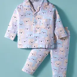 Little Darlings Interlock Knit Full Sleeves Co-ords Night Suit With Bear Print - Light Blue-picture-22