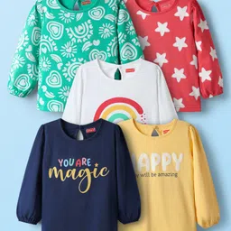 Babyhug 100% Cotton Knit Full Sleeves T-Shirt with Star & You Are Magic Text Print Pack of 5 - Light Green & Navy Blue-image-96