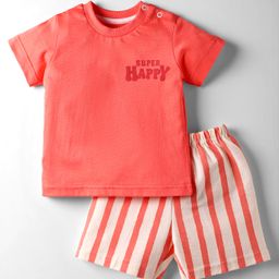 Zero Sinker Knit Half Sleeves T-Shirt & Shorts Set with Text Print & Stripes - Red-picture-23
