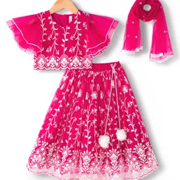 Babyhug Net Woven Frill Sleeves Choli Lehenga & Dupatta Set With Floral Embriodery - Fuschia-picture-20