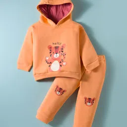 ToffyHouse Fleece Knitted Full Sleeves Hooded Winter Wear T-Shirt & Lounge Pant Set with Cub Print - Orange-picture-27