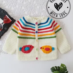 Woonie Hand Knit Full Sleeves Bird Designed Sweater - Cream-picture-10