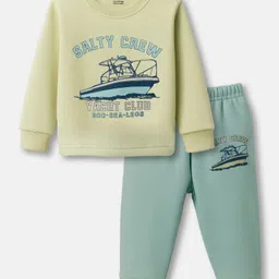 CUCUMBER Sinker Knit Full Sleeves Sweatshirt & Lounge Pant Set with Cruise Print - Light Green-picture-18