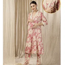 Zelena 100% Rayon Woven Three Fourth Sleeves Floral Printed Maternity Kurti With Side Zipper Nursing Access - Megenta Pink-picture-13