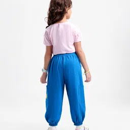 Ollington St. Cotton Half Sleeves Top with Super Cool Text Print & Cargo Joggers -Pink & Blue image 2