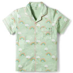 CUCUMBER Sinker Knit Half Sleeves Night Suit With Cloud Print - Sea Green image 2