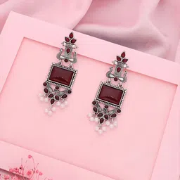 Anouk Silver Plated Artificial Stones studded & Pearls Beaded Oxidized Drop Earrings image 4