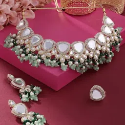 Zaveri Pearls Green Cluster Beads Drop Kundan Choker Necklace Earring & Ring Set-ZPFK16122-picture-25