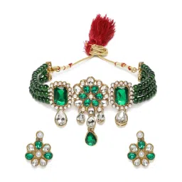 Zaveri Pearls Multistrand Green Beads & Stones Traditional Choker Necklace & Earring Set-ZPFK9966 image 4