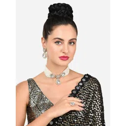 Zaveri Pearls Gold Tone Multistrand Beaded Kundan Choker Necklace Earring & Ring Set-ZPFK16078 image 4