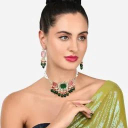 Zaveri Pearls Multicolor Cluster Drop Kundan Multistrand Choker Necklace Earring Ring Set-ZPFK16083 image 4