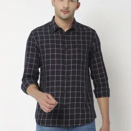 Spykar Navy Blue Cotton Slim Fit Checks Shirt-image-84