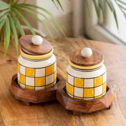 ExclusiveLane Shatranj Yellow & White Ceramic Jars & Containers - Set of 2, 440 ML-picture-15