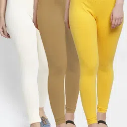 Gracit Yellow & Off-White Mid Rise Leggings - Pack Of 3-image-62